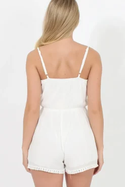 Rebellious Fashion White Embroidered Fringe Playsuit - Kinsley