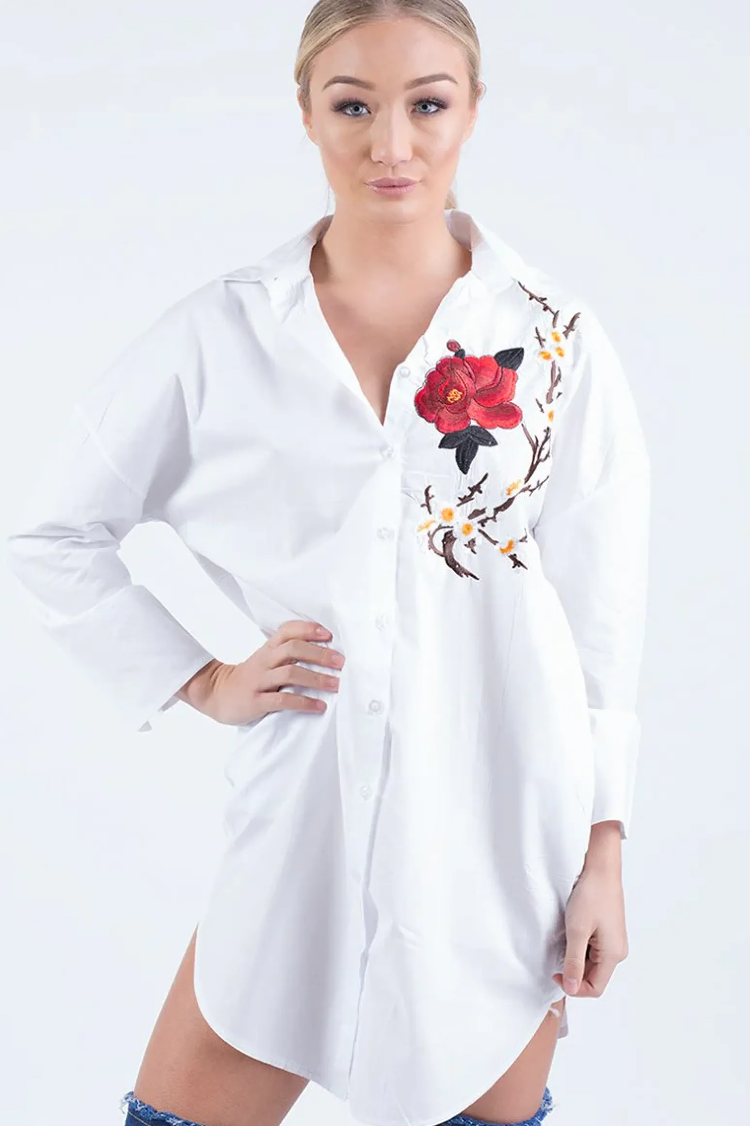 Rebellious Fashion White Embroidered Oversized Shirt - Kate