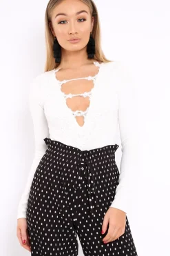 Rebellious Fashion White Embroidered Print Bodysuit - Addilee
