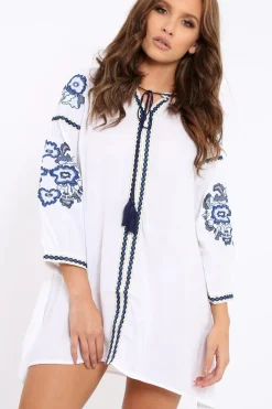 Rebellious Fashion White Embroidered Shirt Dress - Nikki