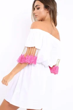 Rebellious Fashion White Embroidered Tassel Bardot Dress - Monroe