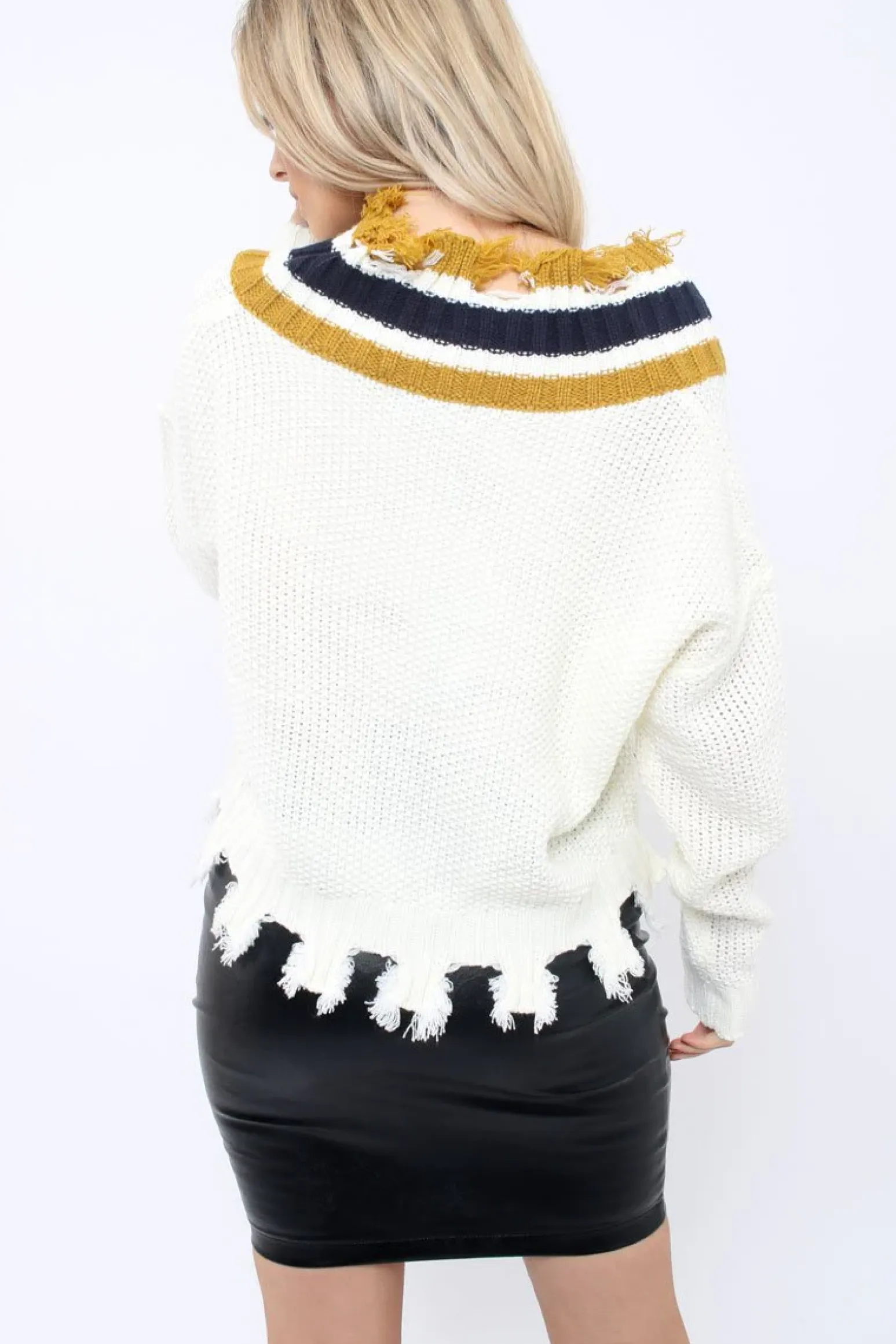 Rebellious Fashion White Extreme Frayed Contrast Trim Jumper - Chancey