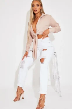 Rebellious Fashion White Extremely Ripped Denim Mom Jeans - Ellynor