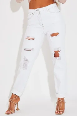Rebellious Fashion White Extremely Ripped Denim Mom Jeans - Ellynor