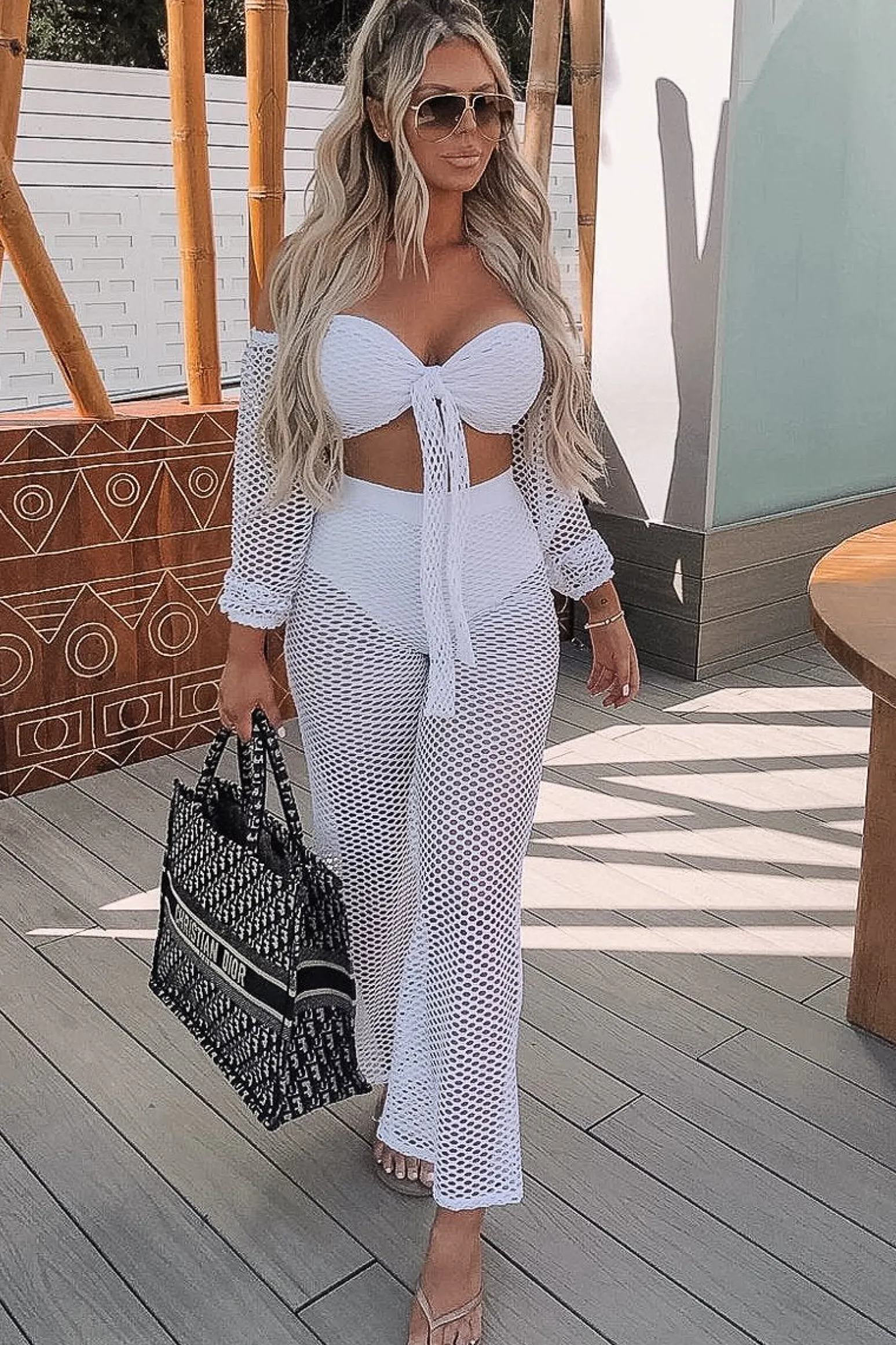 Rebellious Fashion White Fish Net Crop Tie Top and Trousers Co-ord - Misa