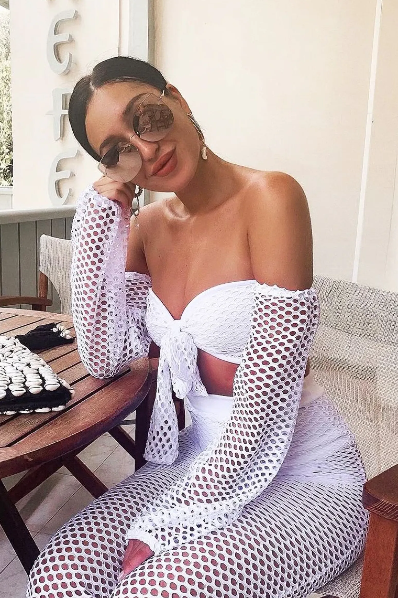 Rebellious Fashion White Fish Net Crop Tie Top and Trousers Co-ord - Misa
