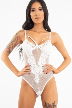 Rebellious Fashion White Fishnet Floral Lace Strappy Mesh Bodysuit - Hallee