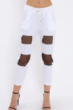 Rebellious Fashion White Fish Net Panel Detail Joggers - Mikaela