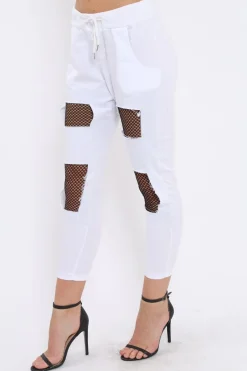 Rebellious Fashion White Fish Net Panel Detail Joggers - Mikaela