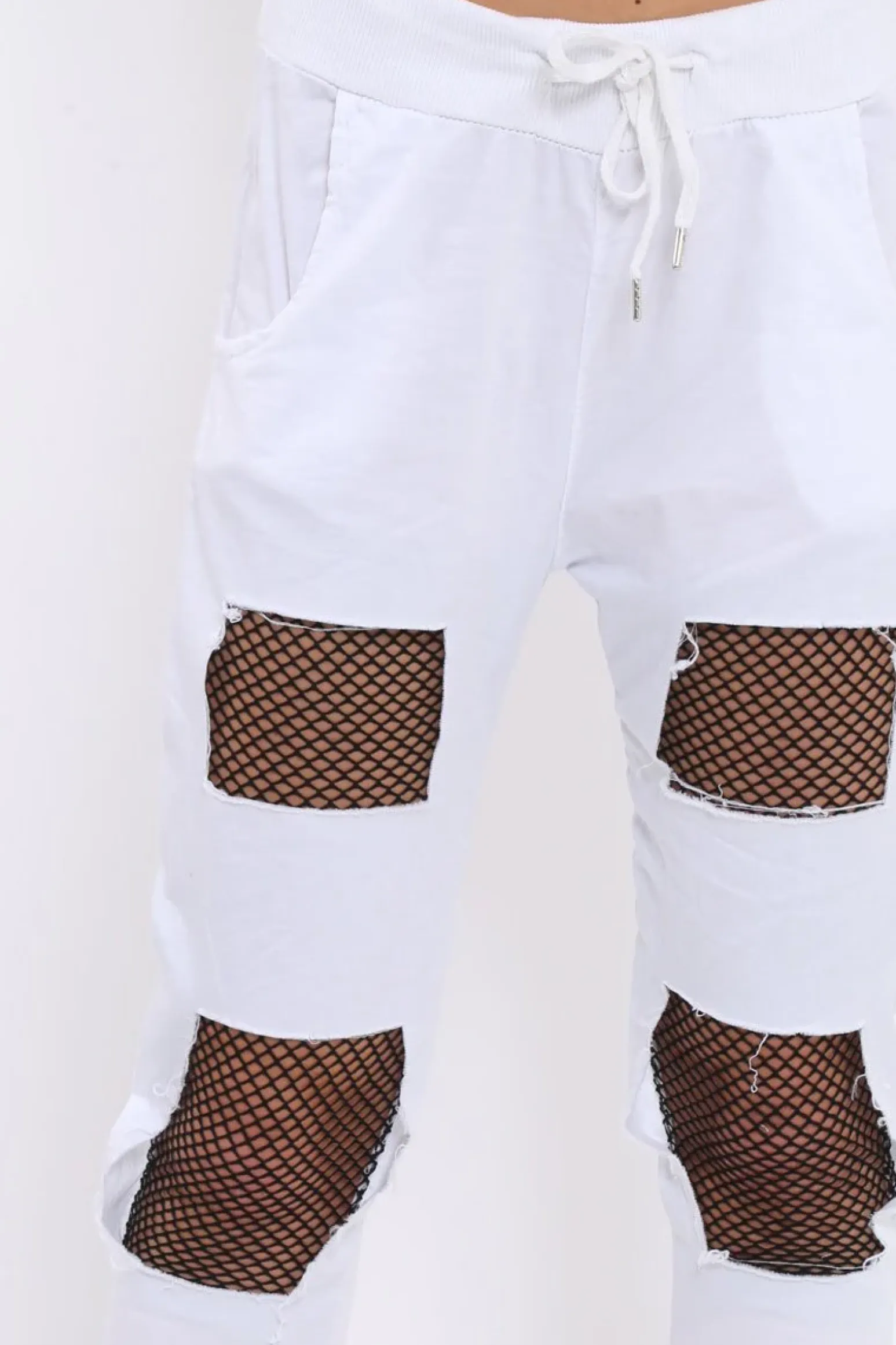 Rebellious Fashion White Fish Net Panel Detail Joggers - Mikaela