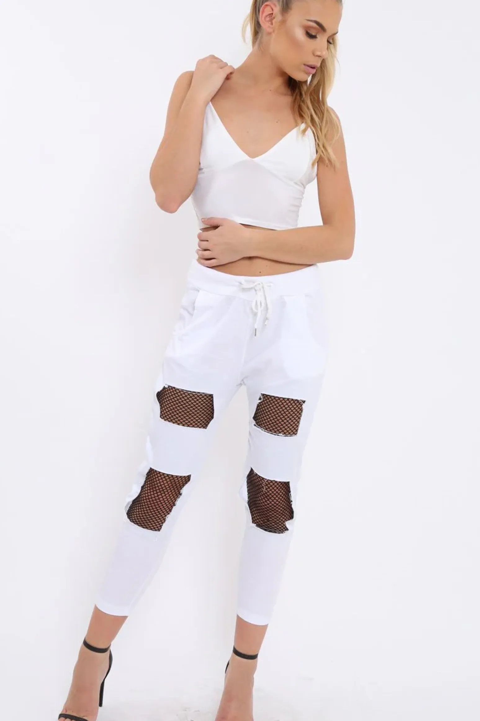 Rebellious Fashion White Fish Net Panel Detail Joggers - Mikaela