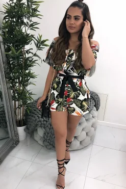 Rebellious Fashion White Floral Bardot Frill Playsuit - Rylinn