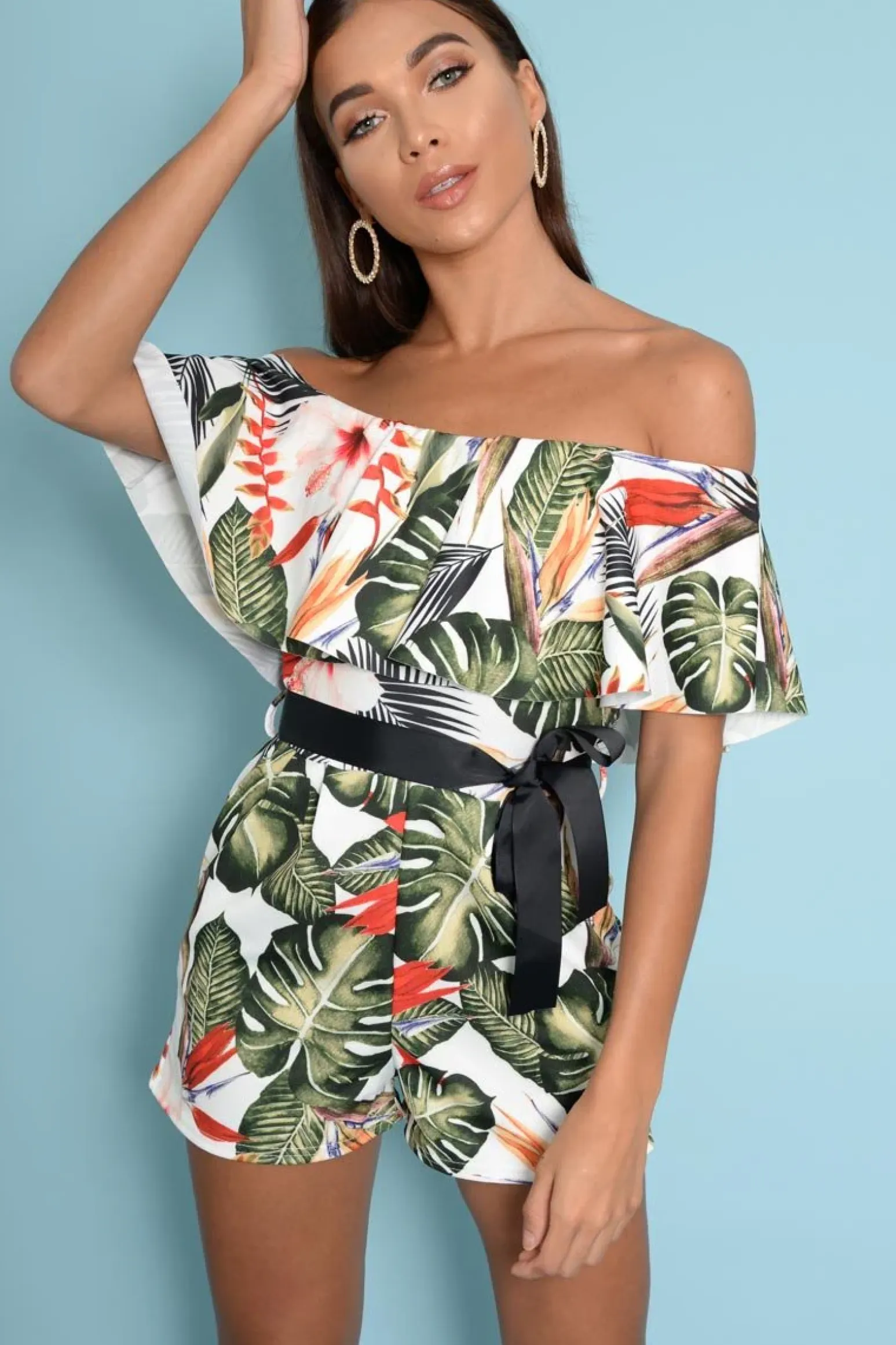 Rebellious Fashion White Floral Bardot Frill Playsuit - Rylinn