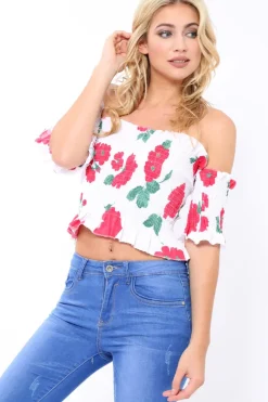 Rebellious Fashion White floral Bardot Frill Shirred Crop Top - Kailah
