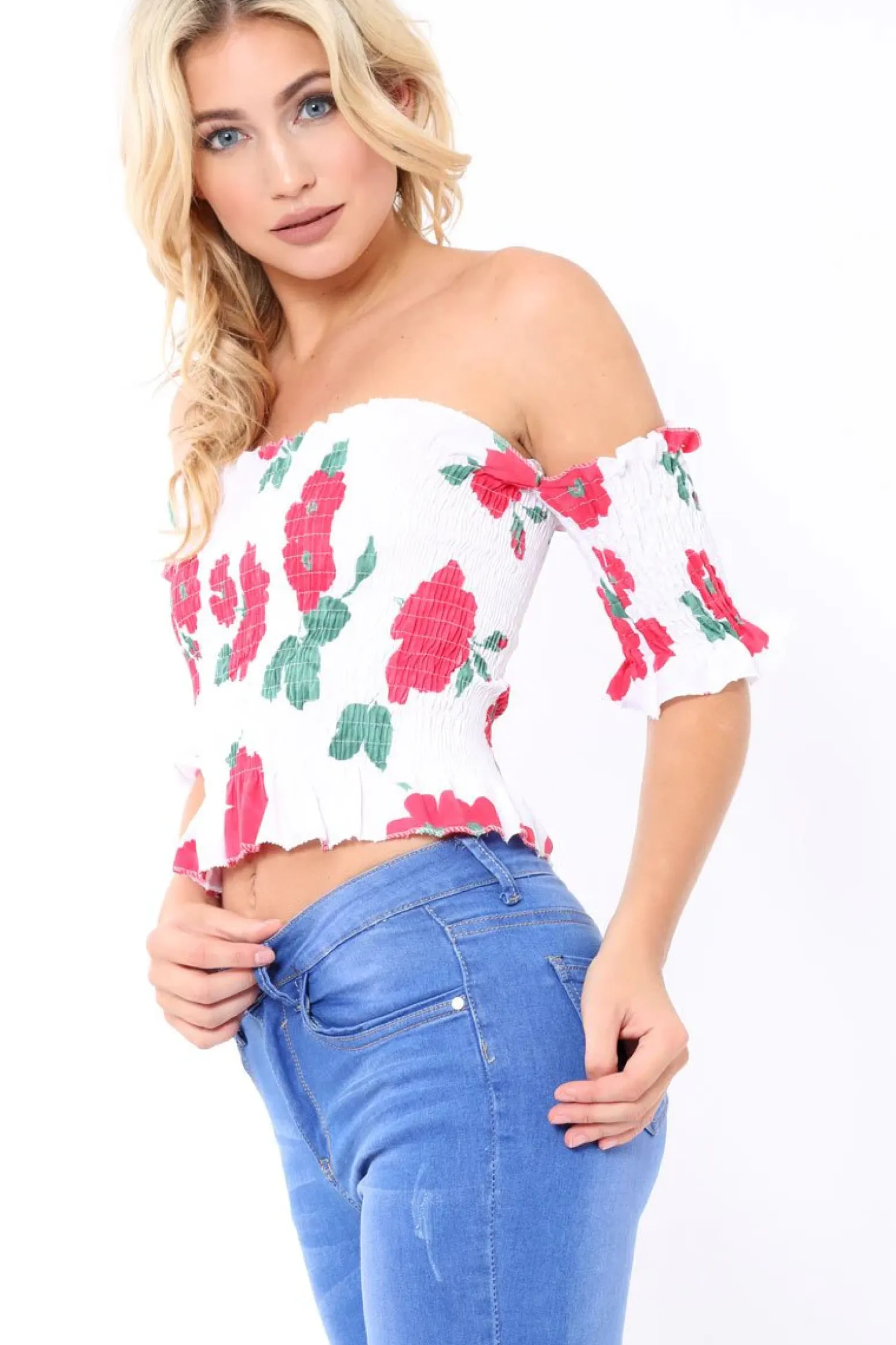 Rebellious Fashion White floral Bardot Frill Shirred Crop Top - Kailah