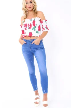 Rebellious Fashion White floral Bardot Frill Shirred Crop Top - Kailah
