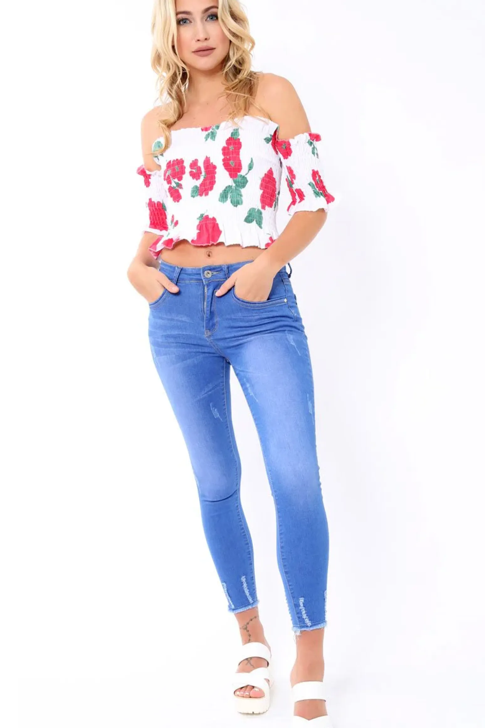 Rebellious Fashion White floral Bardot Frill Shirred Crop Top - Kailah
