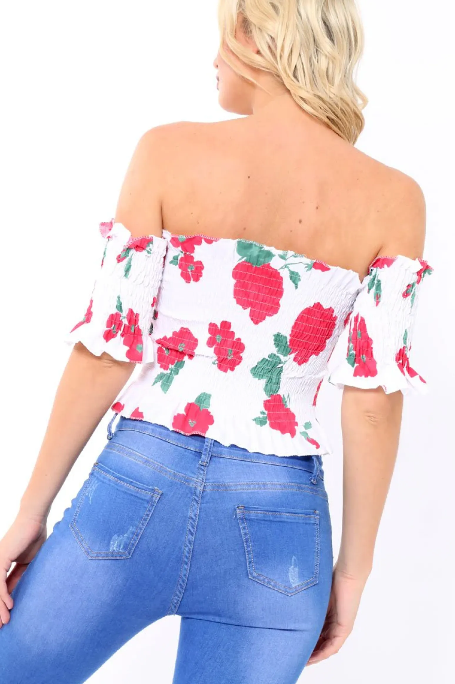 Rebellious Fashion White floral Bardot Frill Shirred Crop Top - Kailah