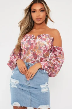 Rebellious Fashion White Floral Bardot Off The Shoulder Mesh Bodysuit - Hayle