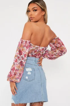 Rebellious Fashion White Floral Bardot Off The Shoulder Mesh Bodysuit - Hayle