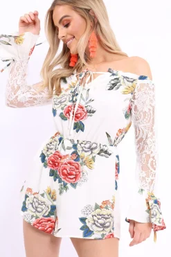 Rebellious Fashion White Floral Bardot Playsuit with Lace Sleeves - Caroline