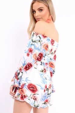 Rebellious Fashion White Floral Bardot Playsuit with Frill Hem and Cuffs - Farhanna
