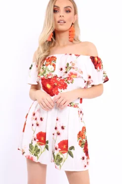 Rebellious Fashion White Floral Bardot Playsuit with Frill Detail - Raine