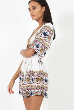 Rebellious Fashion White Floral Border Print Playsuit - Shauna