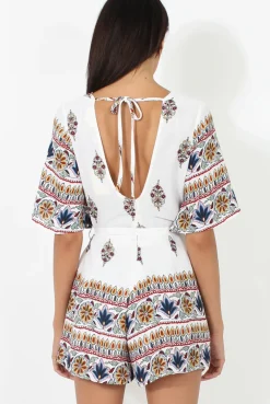 Rebellious Fashion White Floral Border Print Playsuit - Shauna