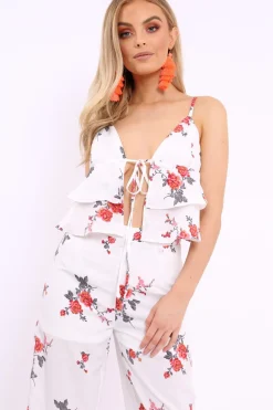 Rebellious Fashion White Floral Bralet and Cropped Pants Co-ord - Faria