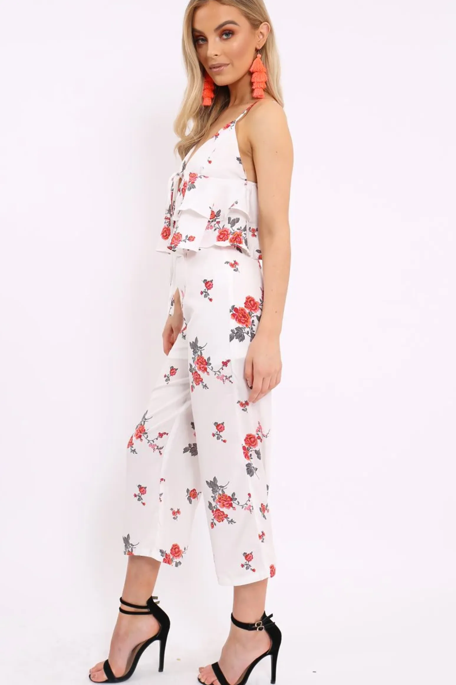 Rebellious Fashion White Floral Bralet and Cropped Pants Co-ord - Faria