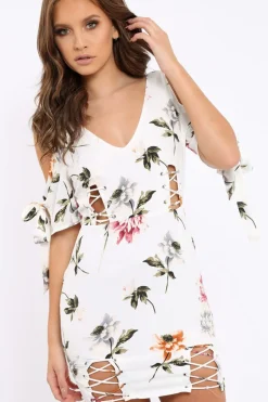 Rebellious Fashion White Floral Cold Shoulder Lace Up Mini Dress - Roxina