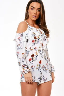 Rebellious Fashion White Floral Cold Shoulder Playsuit - Ronnie