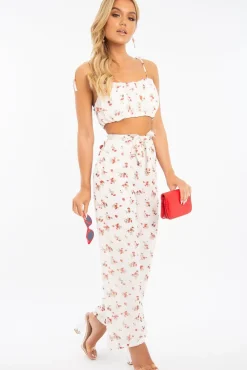 Rebellious Fashion White Floral Crop Top Wide Trouser Co-ord - Tully