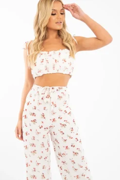 Rebellious Fashion White Floral Crop Top Wide Trouser Co-ord - Tully