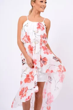 Rebellious Fashion White Floral Dip Hem Maxi Dress - Raina