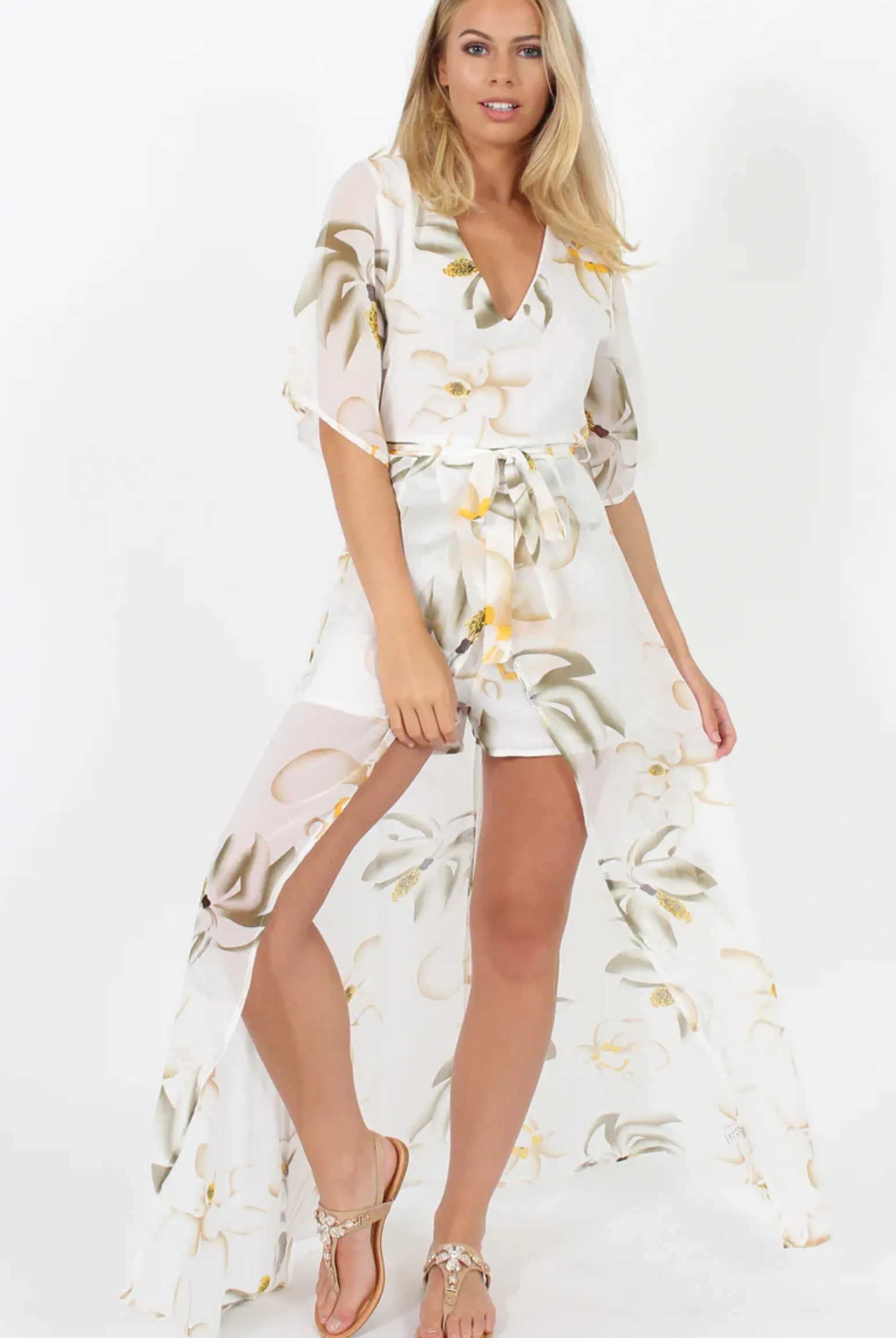 Rebellious Fashion White Floral Dip Hem Playsuit - Caprice