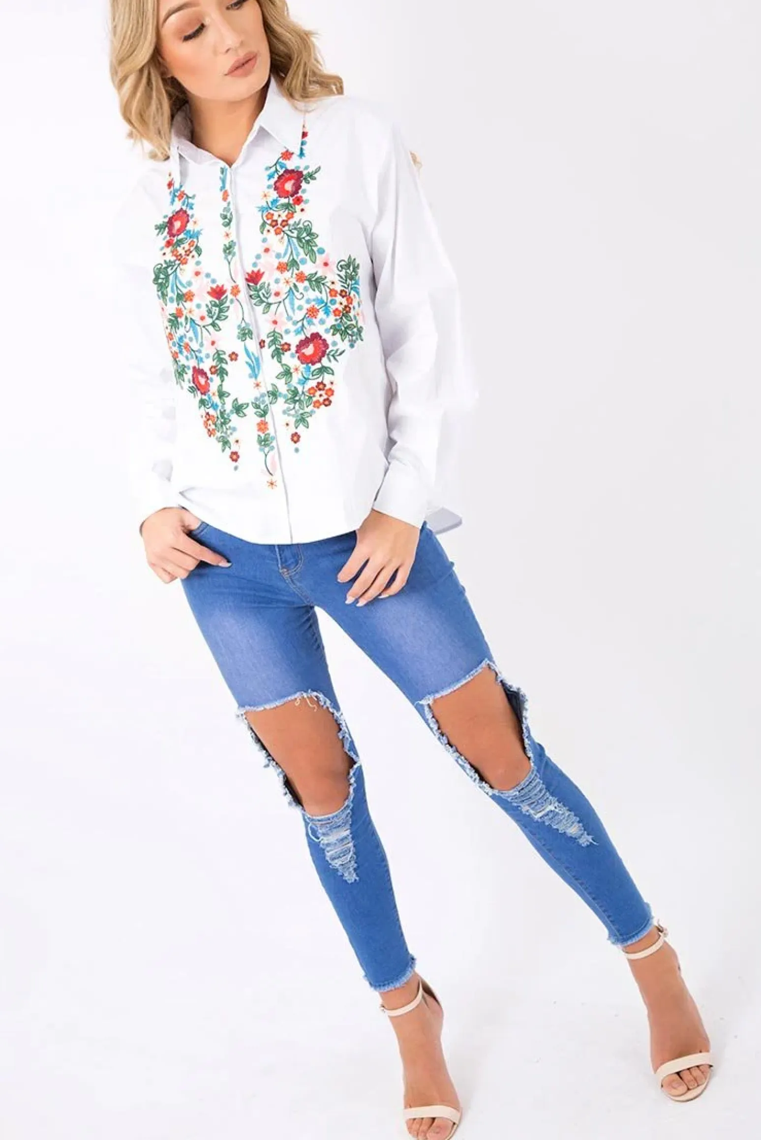 Rebellious Fashion White Floral Embroidered Shirt - Solange