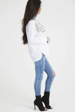 Rebellious Fashion White Floral Embroidered Shirt - Lara