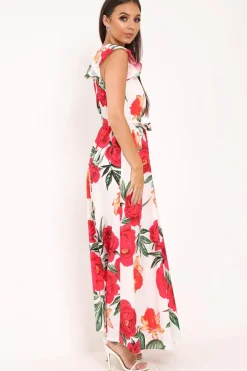 Rebellious Fashion White Floral Frill Sleeve Maxi Dress - Persia