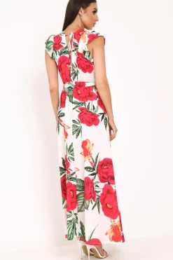 Rebellious Fashion White Floral Frill Sleeve Maxi Dress - Persia