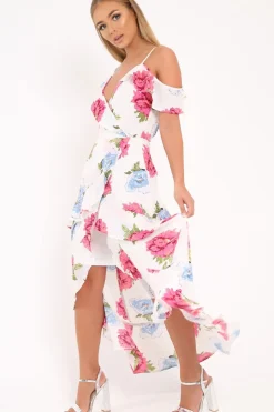 Rebellious Fashion White Floral Frill Wrap Cold Shoulder Dress -Sabria