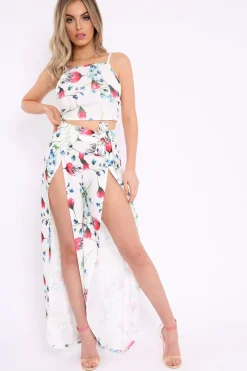 Rebellious Fashion White Floral Front Split Trousers And Crop Co-Ord - Damaria