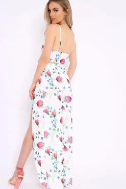 Rebellious Fashion White Floral Front Split Trousers And Crop Co-Ord - Damaria