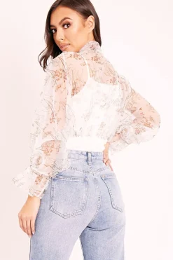 Rebellious Fashion White Floral Half Mesh Ribbed Insert Neck Tie Blouse - Sammie
