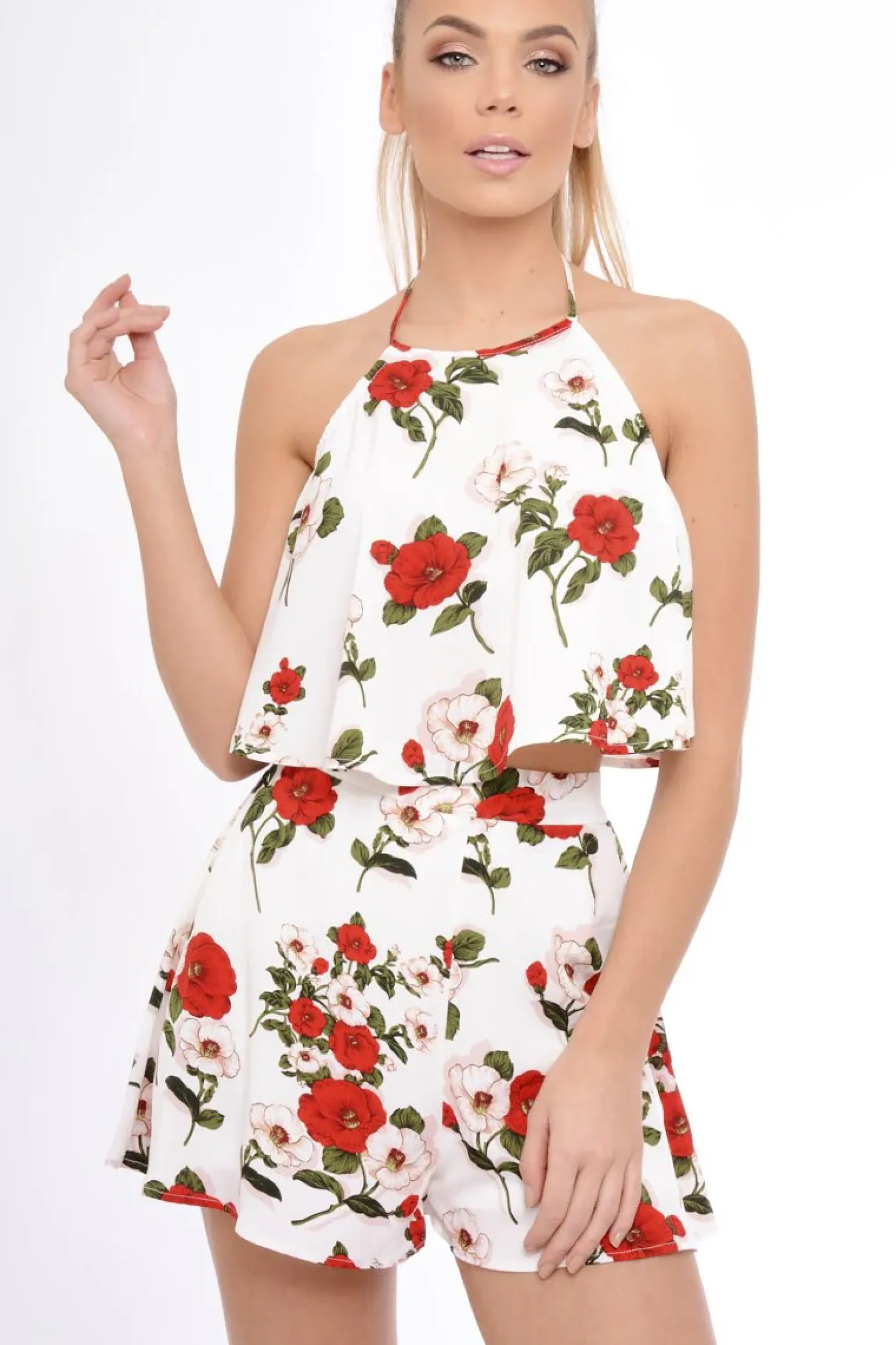 Rebellious Fashion White Floral Halterneck Crop Top - Kamisha