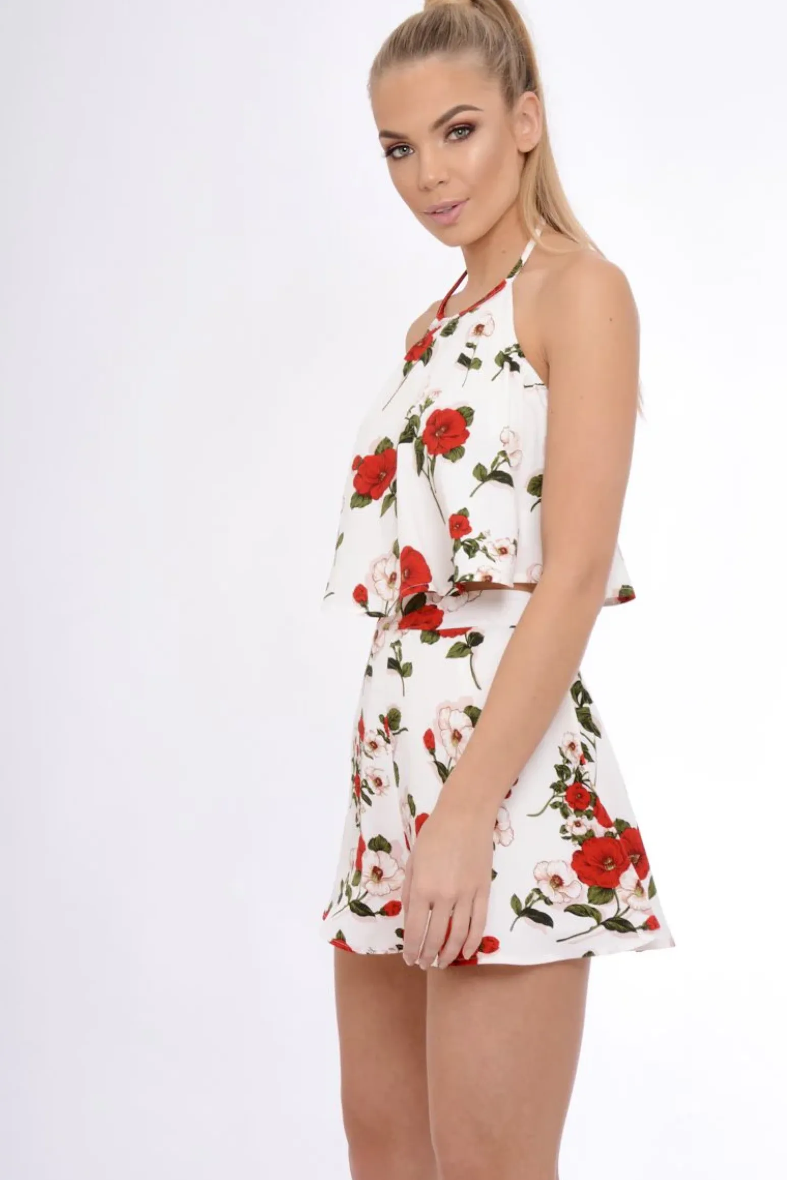 Rebellious Fashion White Floral Halterneck Crop Top - Kamisha