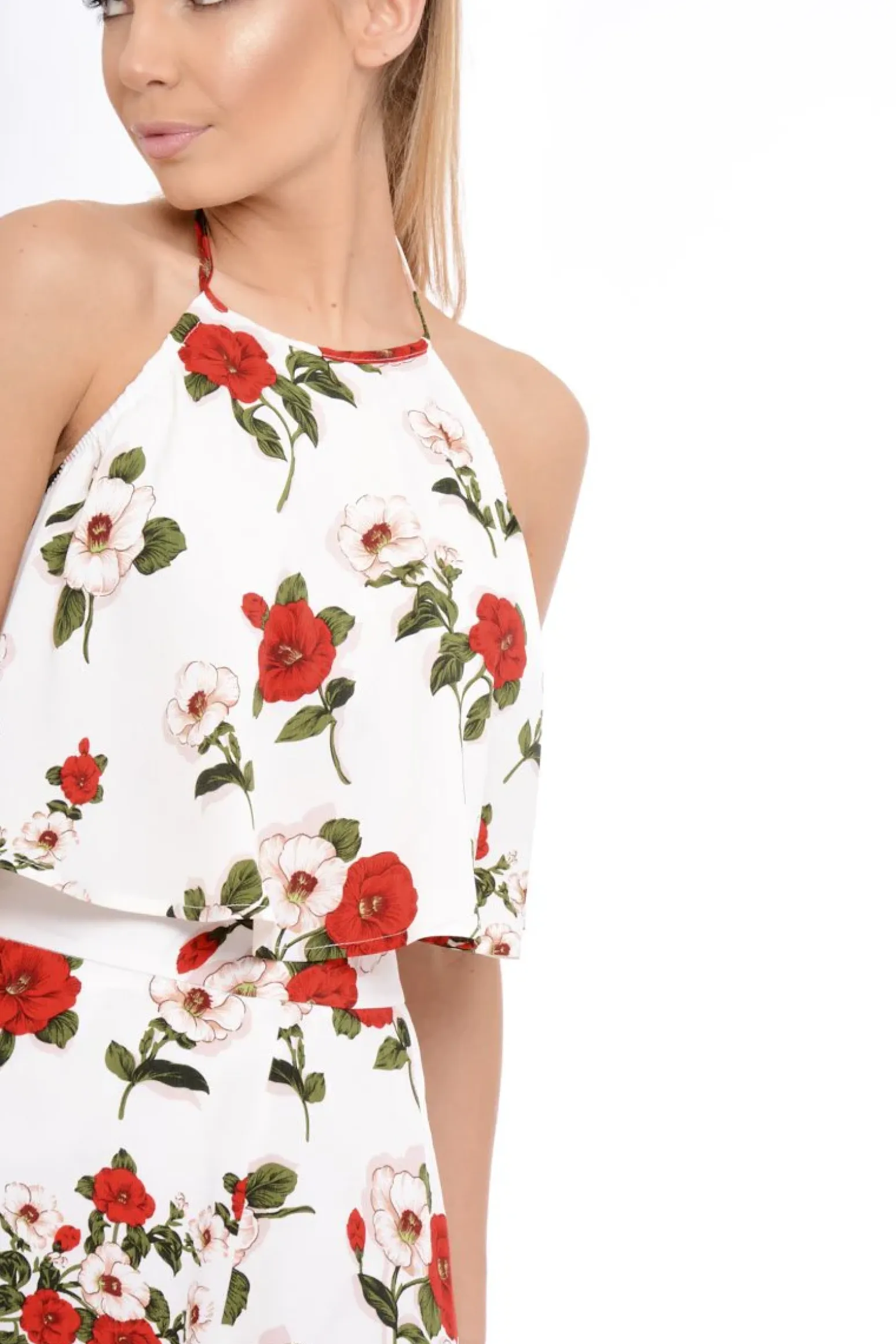 Rebellious Fashion White Floral Halterneck Crop Top - Kamisha