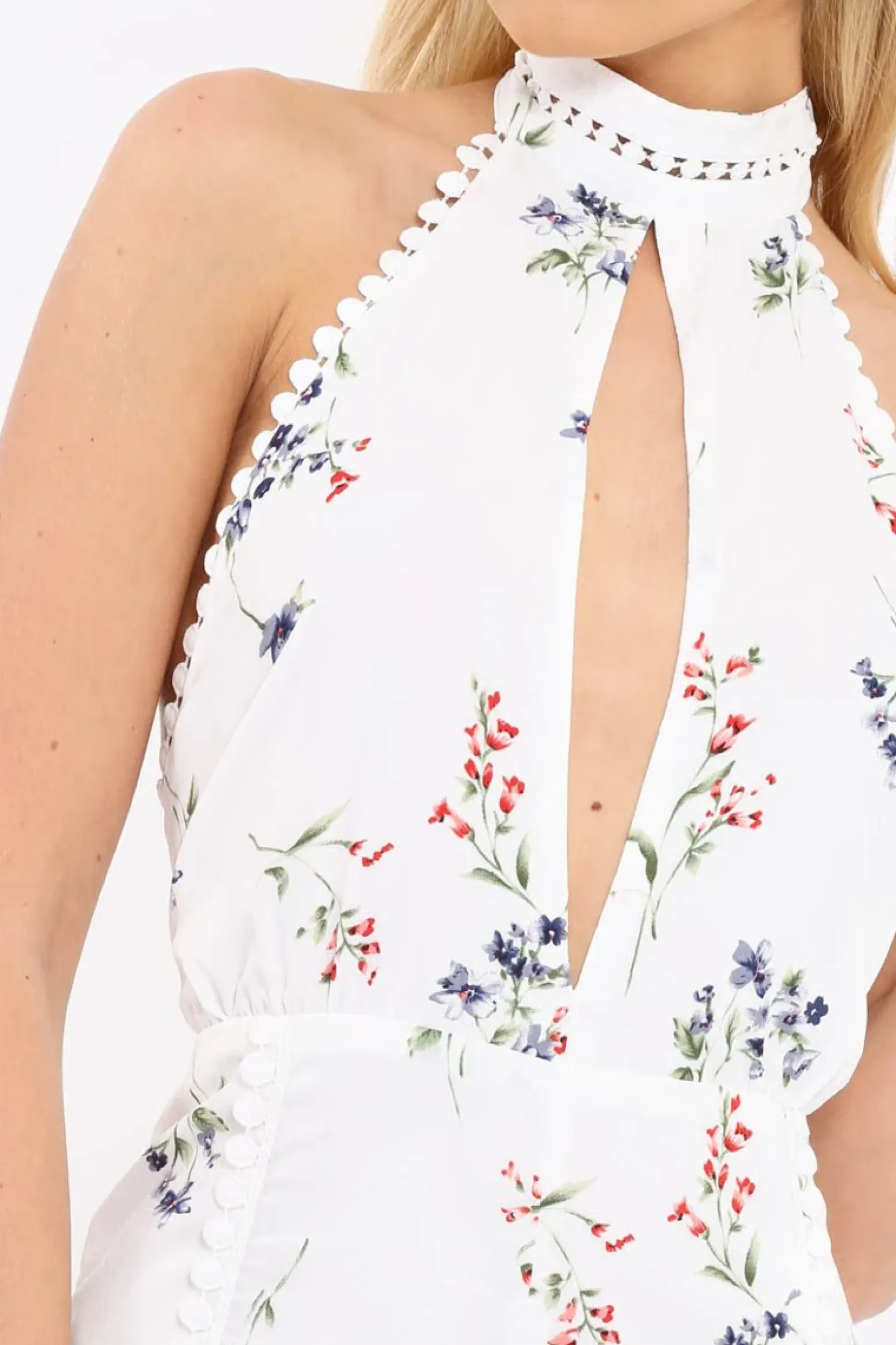 Rebellious Fashion White Floral Halter Neck Plunge Playsuit - Mia