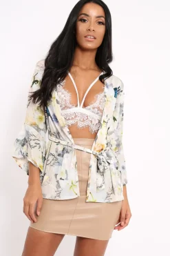 Rebellious Fashion White Floral Kimono Blouse - Malenie